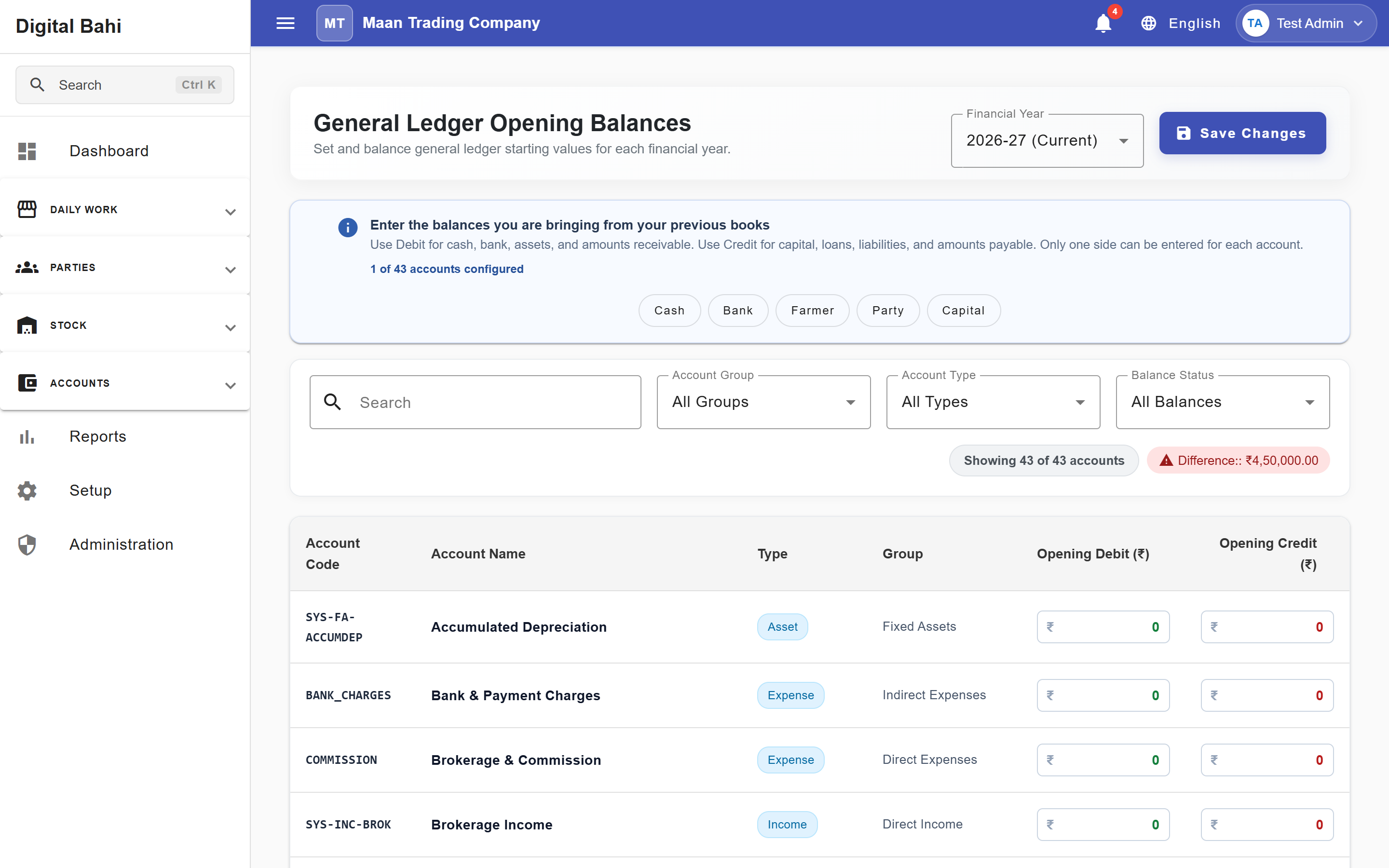 General Ledger Opening Balances