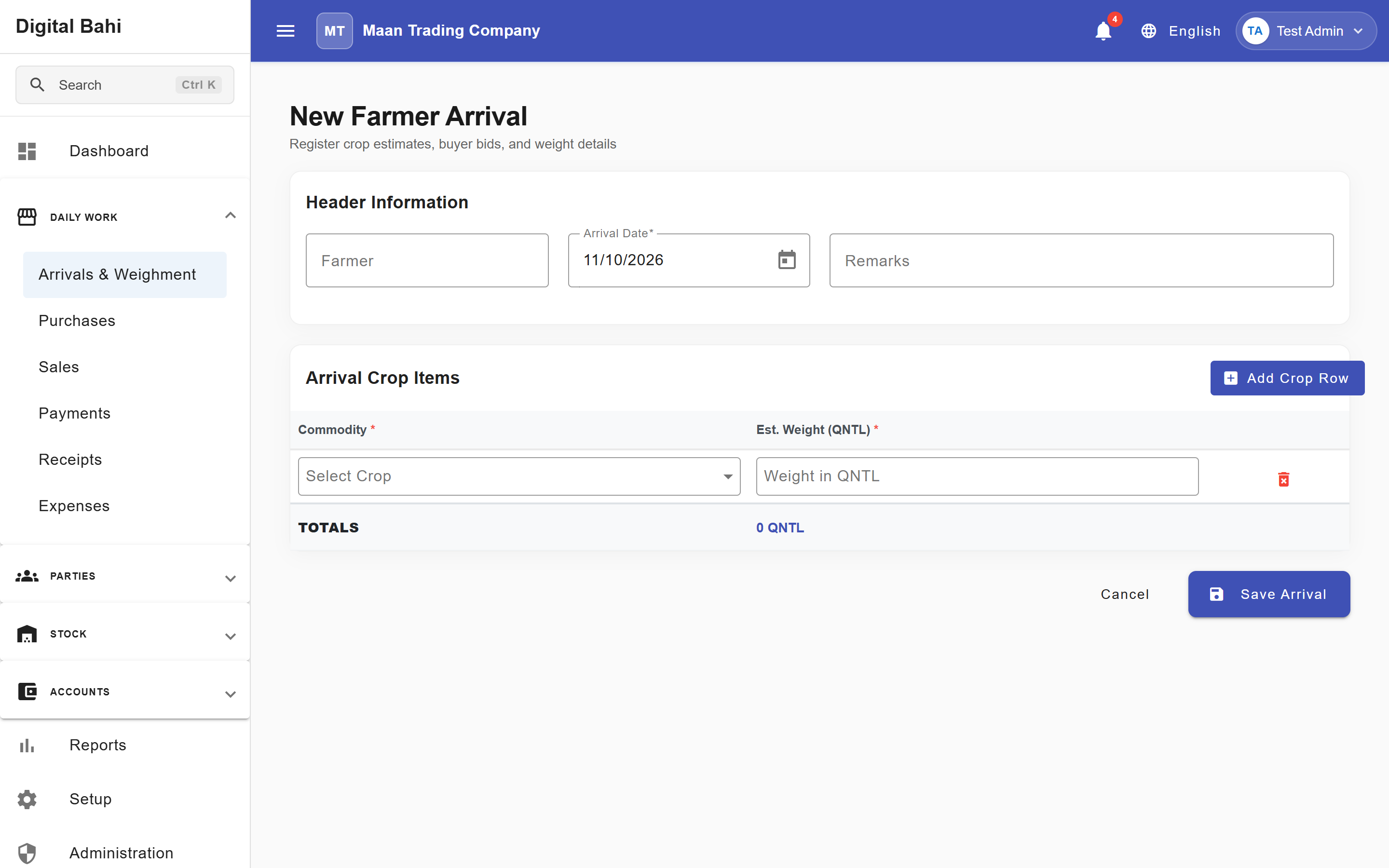 Record New Farmer Arrival Form