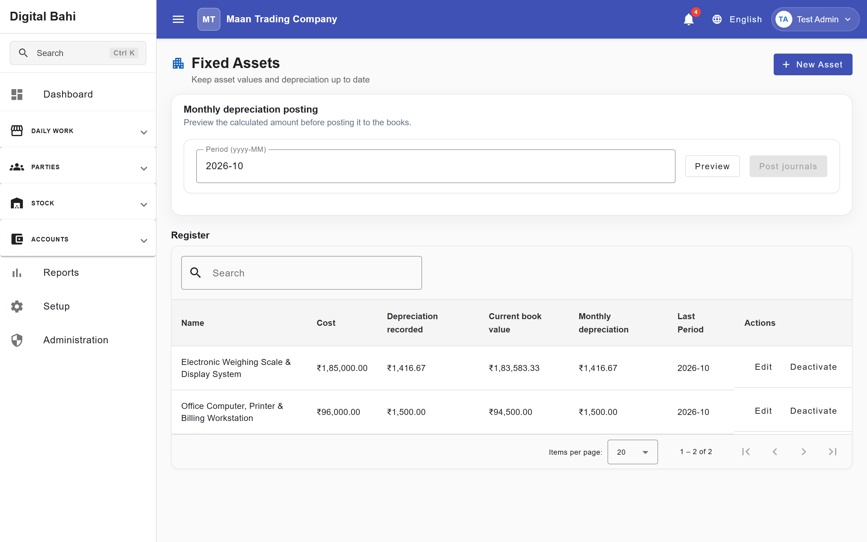Fixed Assets Register &amp; Monthly Depreciation Posting