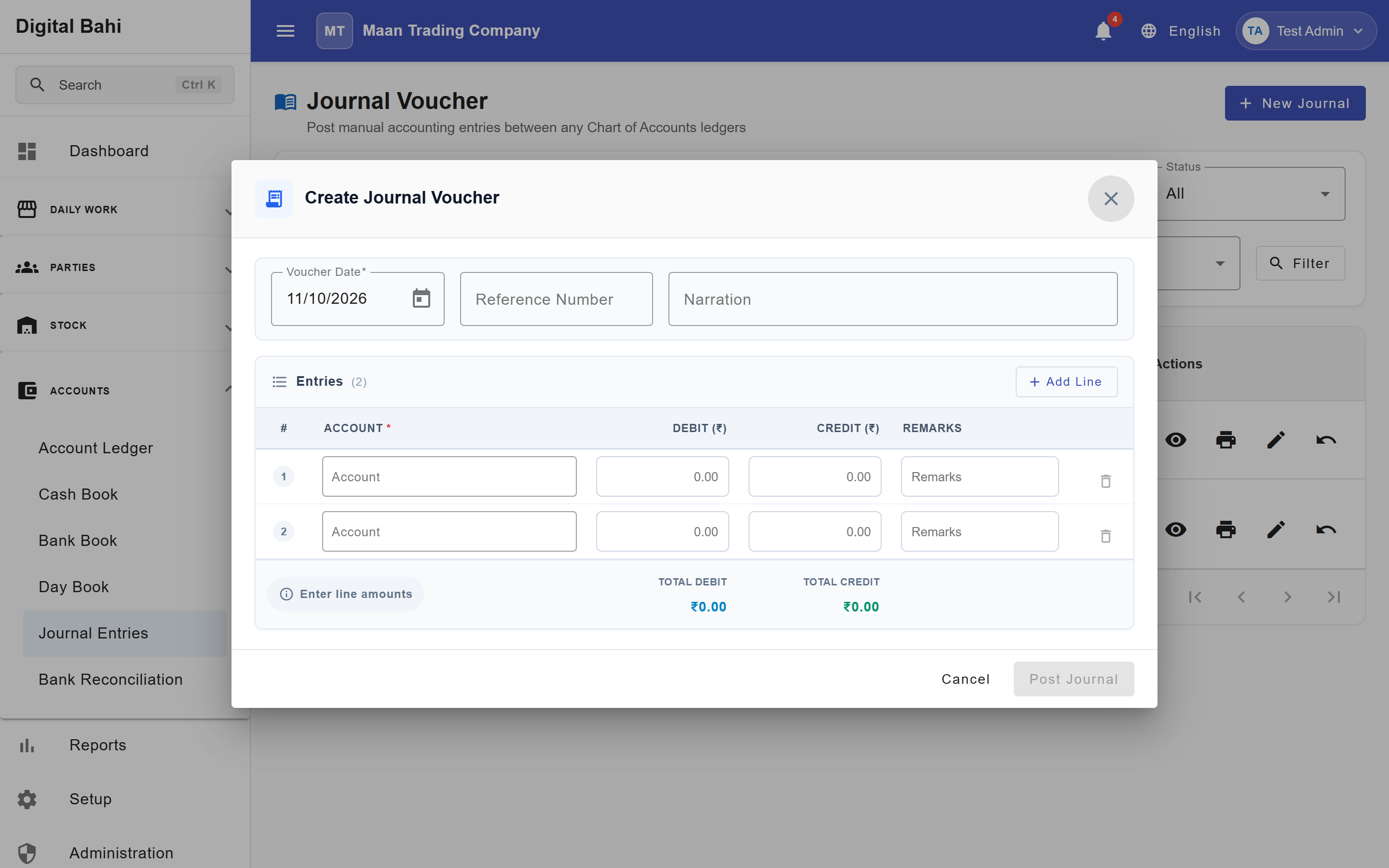 Create Journal Voucher Dialog