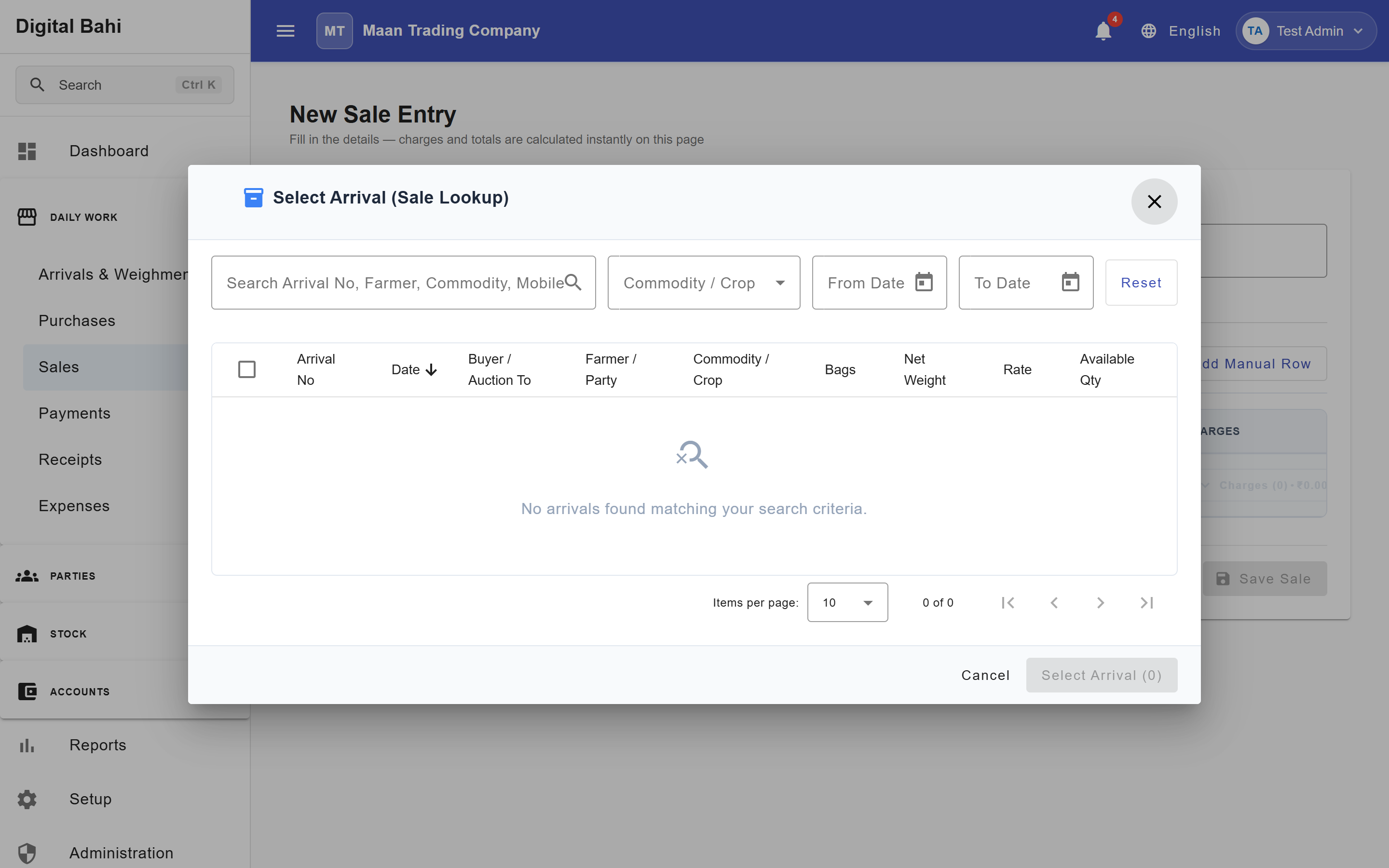 Select Arrival Dialog &amp; New Sale Entry Form