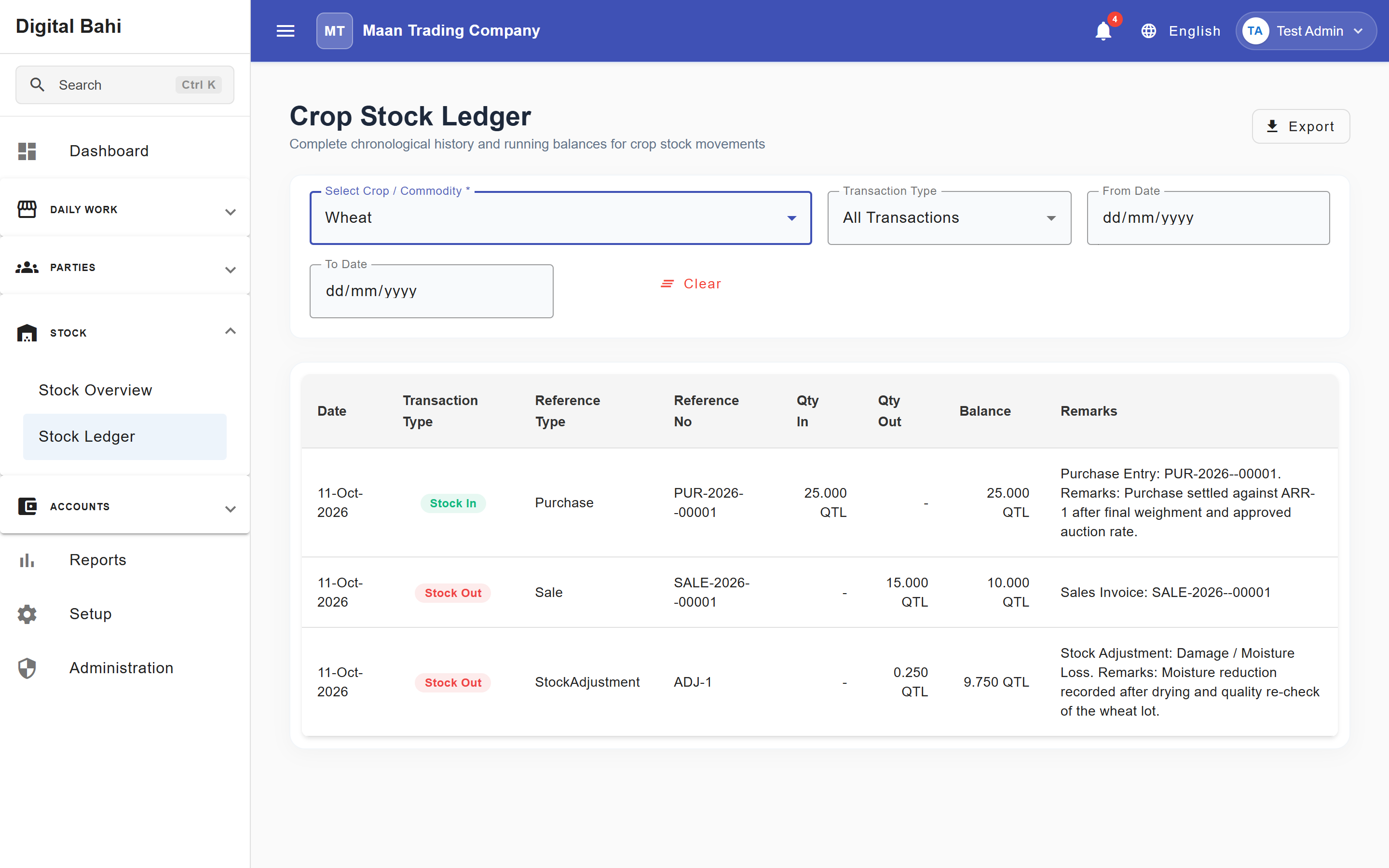 Crop Stock Ledger