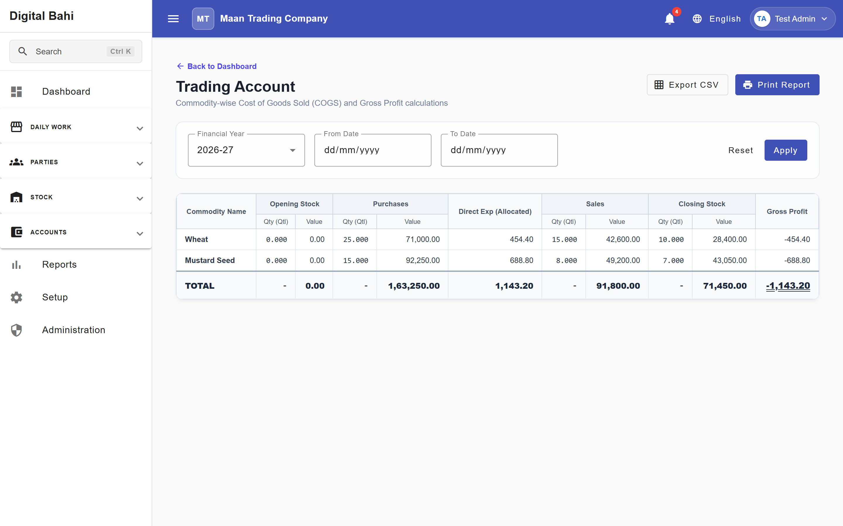 Trading Account Statement